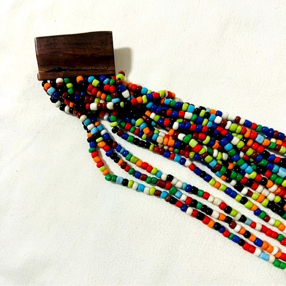 Multi 16 Strand Statement Beaded Rainbow Women’s Wood Clasp Necklace Weighted - Picture 4 of 5